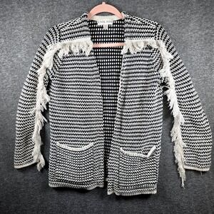Knox Rose Women XS Cardigan Jacket Black White Fringe Open Front Crocket Pockets